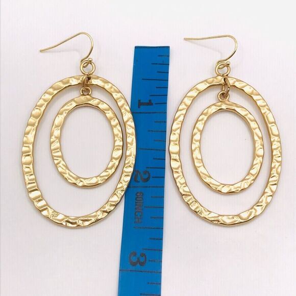 Matte Gold Hammered Oval Dangle Earrings - Picture 7 of 7